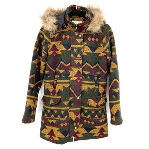 ETHEREAL by Paper Crane Aztec Zip Snap Button Removable Faux Fur Hood Coat Small